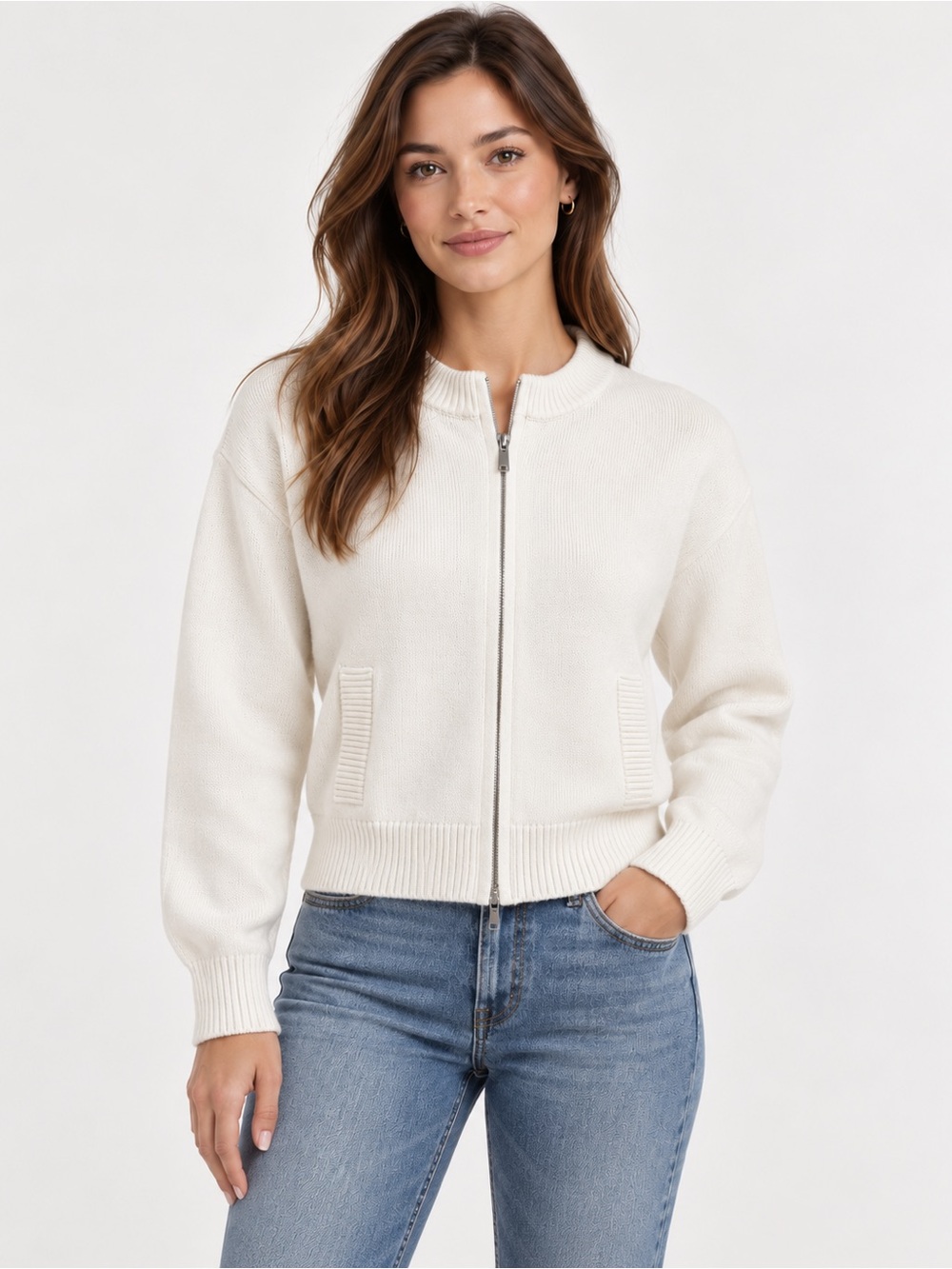 Abercrombie & Fitch Ribbed Full-Zip Sweater Ivory